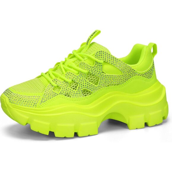 Women Neon Yellow Rhinestone Platform Fuchsia Hologram Casual Lace-Up Sneakers - Picture 1 of 9